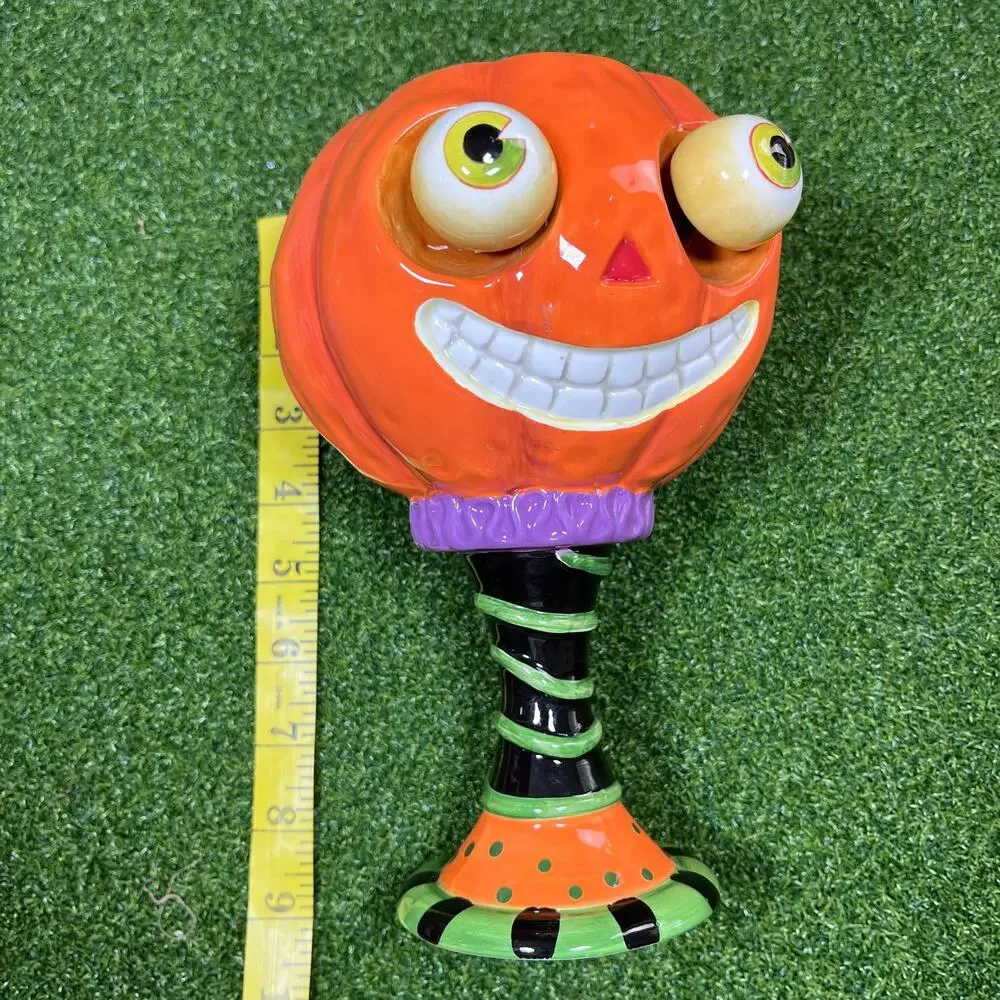 Funky Halloween Pumpkin Pedestal Candy Dish Spring Eyes Ceramic Jack O Lantern